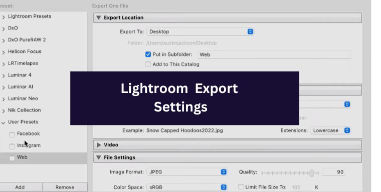 Lightroom export settings for Instagram, Website, Print